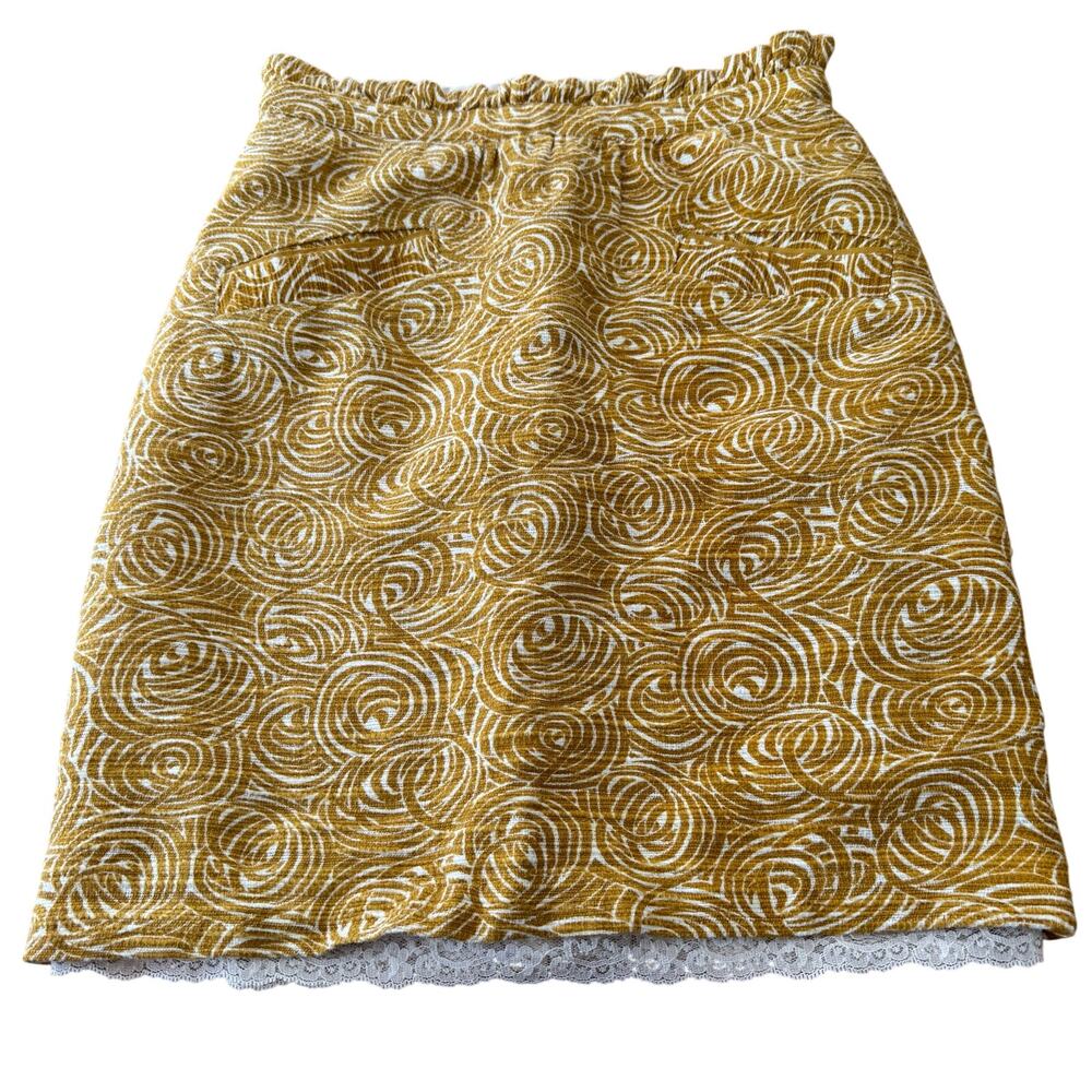 Elevenses Painted Morning Pencil Skirt Size 2 Yellow White Swirls Lace No Belt